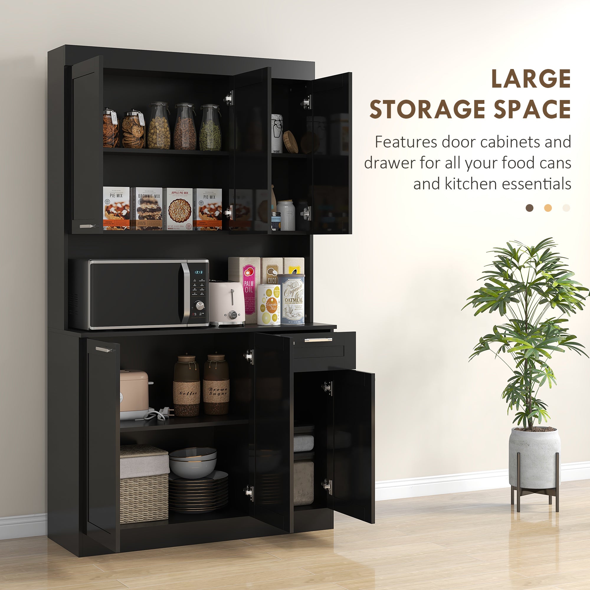 71" Kitchen Pantry Storage Cabinet, Storage Buffet with Hutch, Adjustable Shelves for Living Room, High Gloss Black