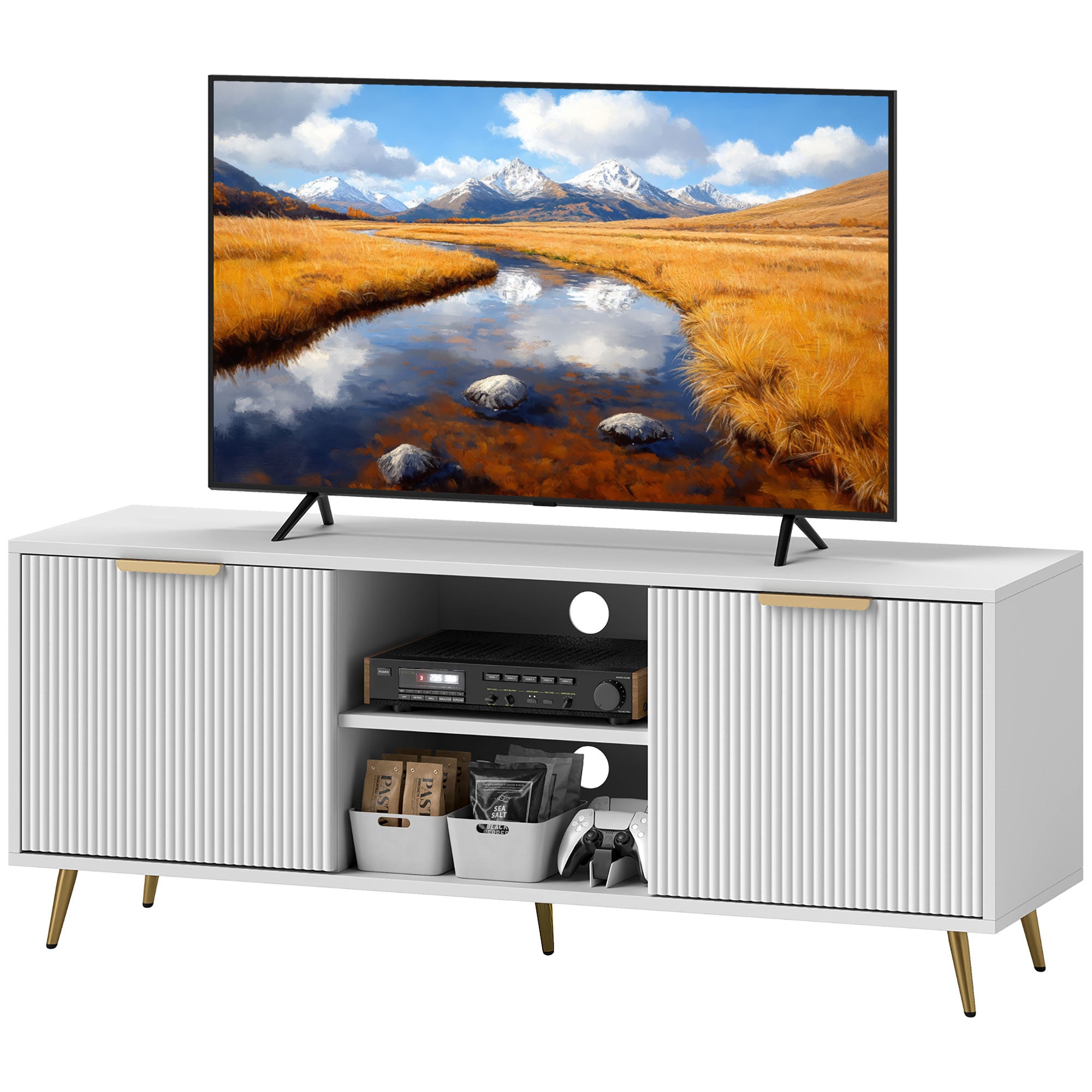 TV Stand with Storage for 55 Inch TV, Modern TV Cabinet with 2 Open Shelves and 2 Cabinets for Living Room, White