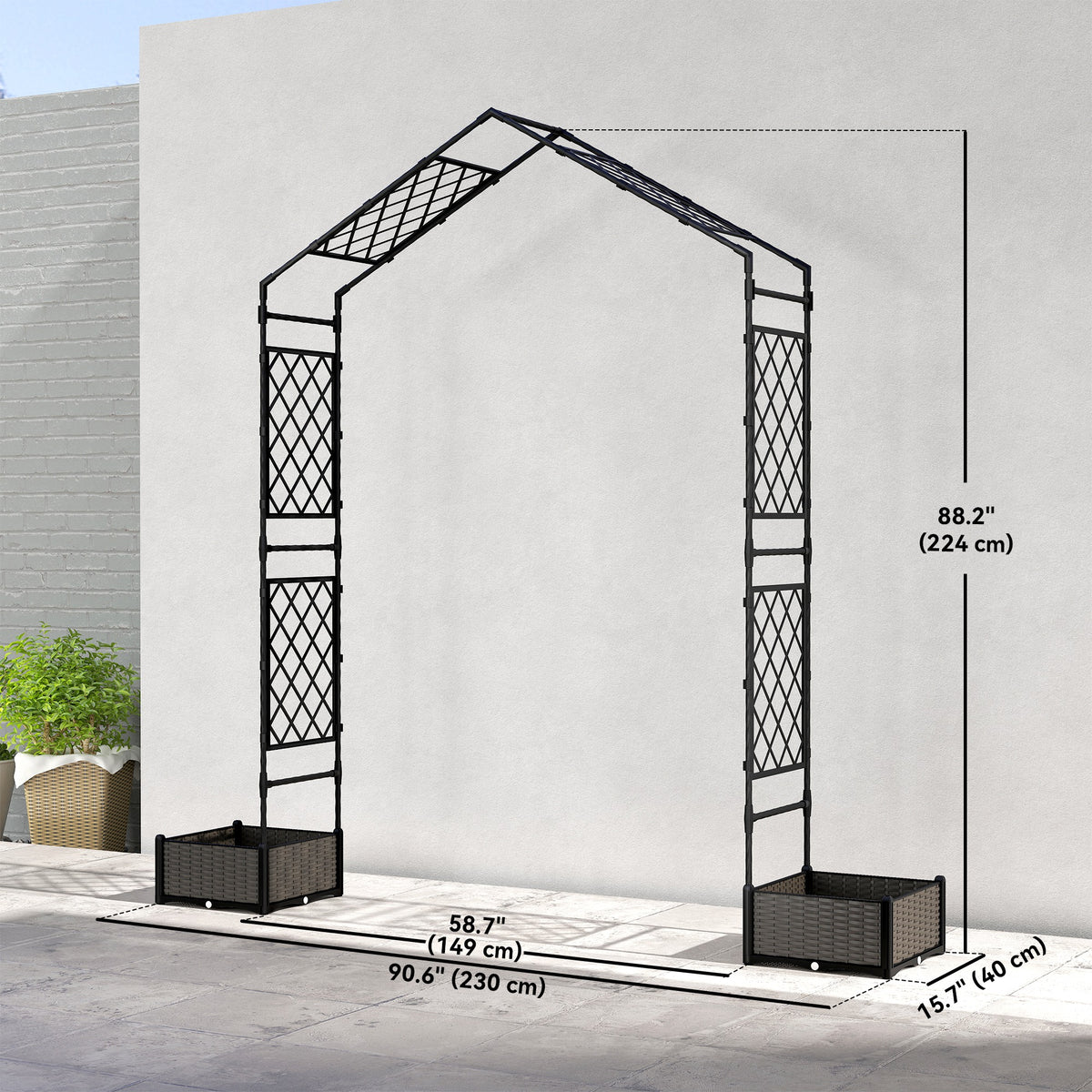 Garden Arch Outdoor Trellis Arbor with 2 Planter Boxes, 109.4" x 15.7" x 86.6", Black