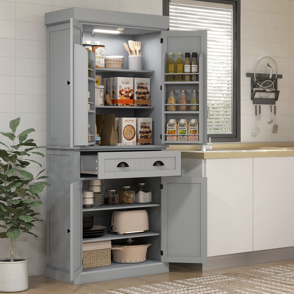 71" Kitchen Pantry Cabinet with LED Lights, 6 Spice Racks, a Drawer and 4 Adjustable Shelves, White