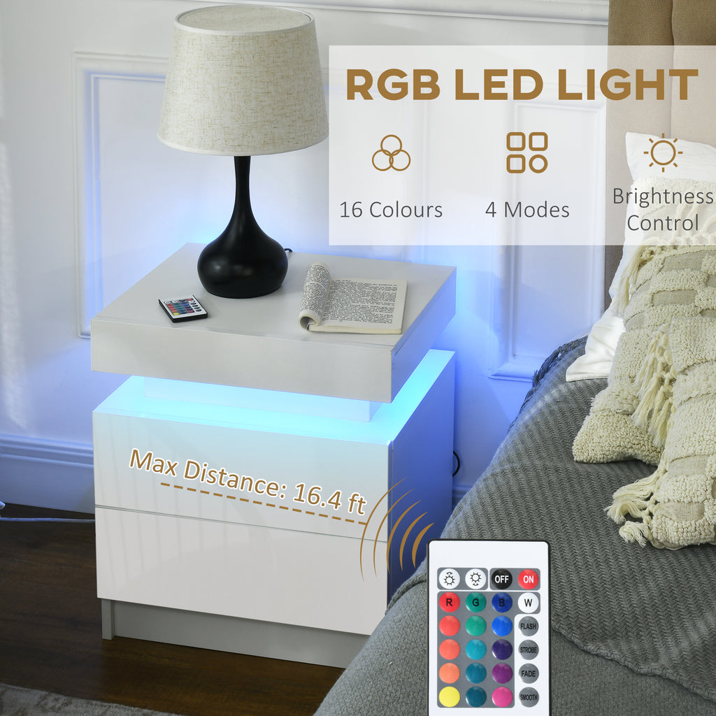 منضدة بجانب السرير، طاولة سرير مع أضواء LED ودرجين لغرفة النوم، غرفة المعيشة، أبيض
