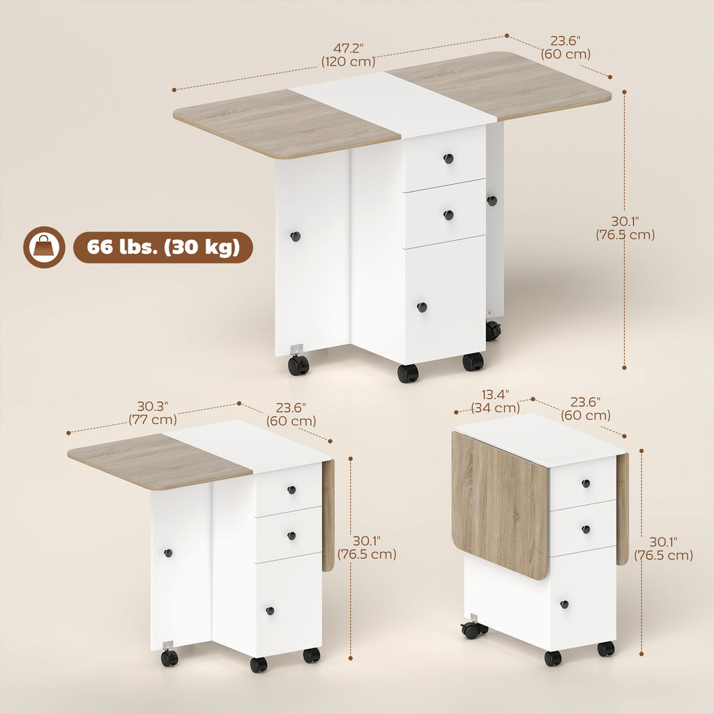Drop Leaf Dining Table, Mobile Folding Table on Wheels with Drawers and Cabinet for Dining Room, Kitchen, White and Oak