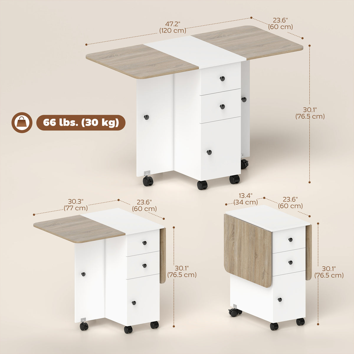 Drop Leaf Dining Table, Mobile Folding Table on Wheels with Drawers and Cabinet for Dining Room, Kitchen, White and Oak