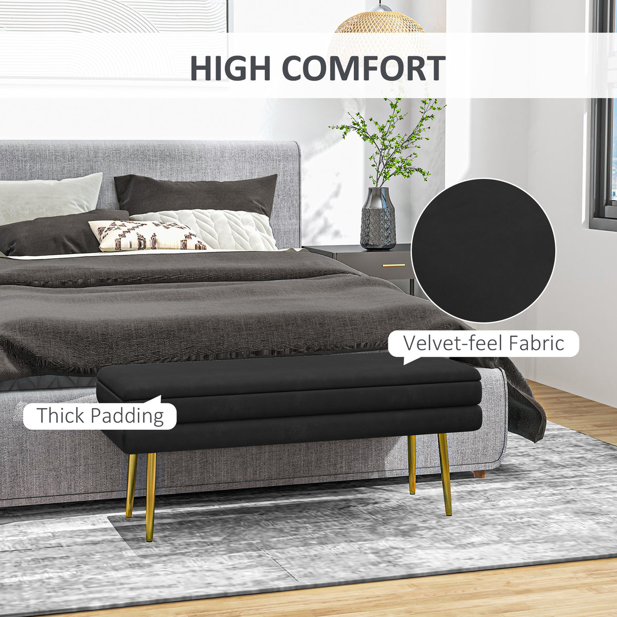 39" Storage Ottoman, Velvet End of Bed Bench with Steel Legs, Foot Stool with Storage for Bedroom, Living Room