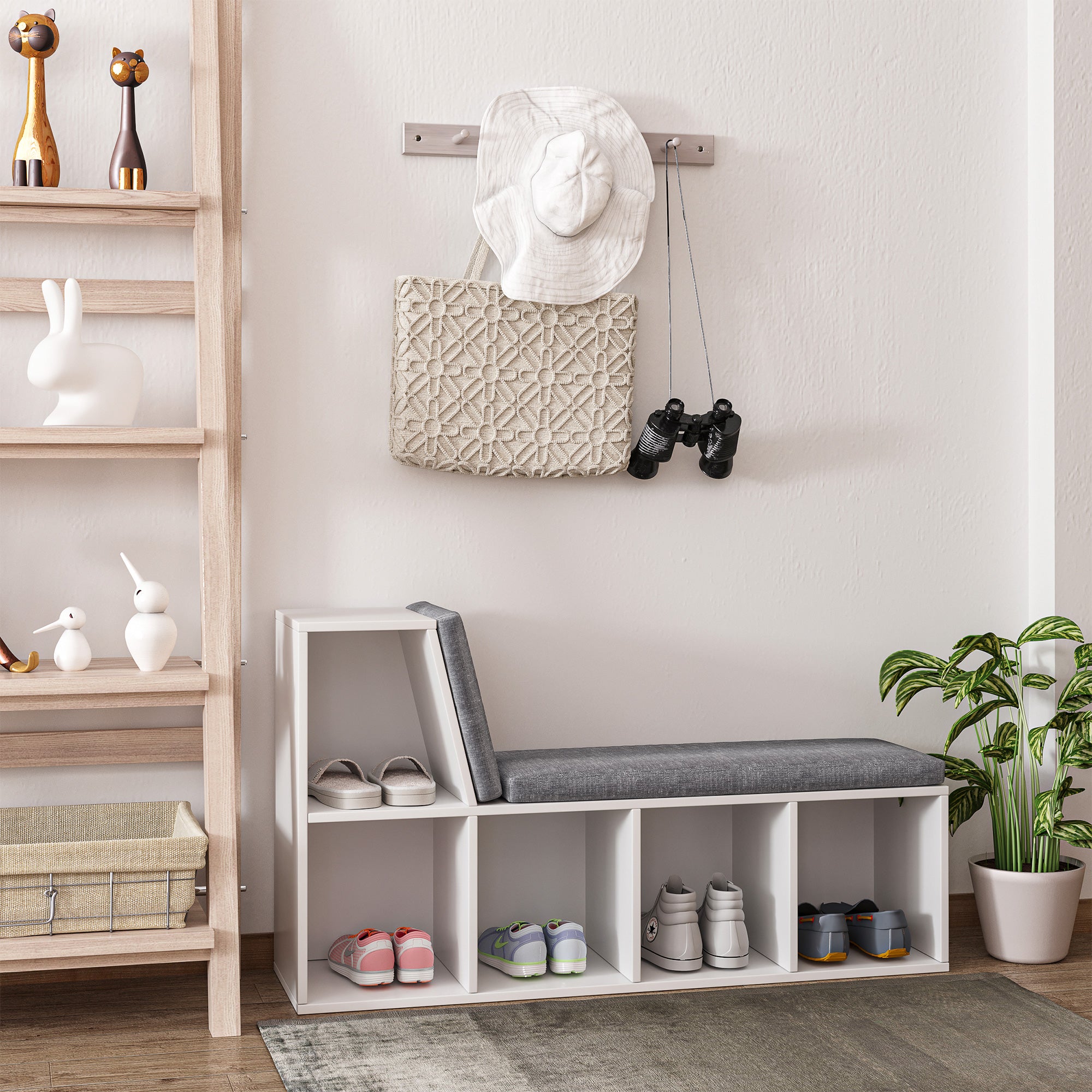 Multi-Purpose Bookshelf with 5 Cubes, 5-Cubby Bookcase with Cushioned Reading Nook and Storage Shelves, Grey