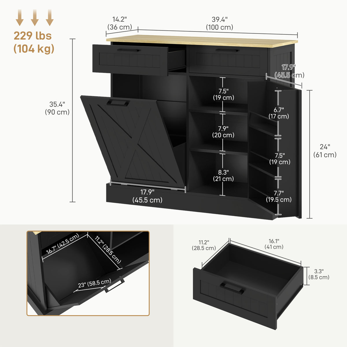 10 Gallon Hidden Garbage Bin Cabinet, Tilt Out Trash Cabinet w/ 2 Drawers, Freestanding Kitchen Island, Black