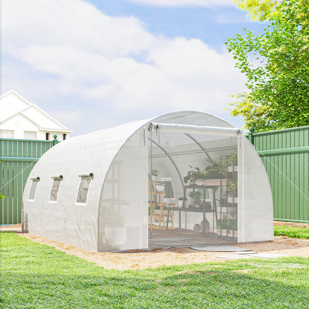 Walk-in Tunnel Greenhouse, Plant Hot House w/ Support Rods, Roll-up Mesh Door, Mesh Windows, 13'x9.8'x6.6', Green