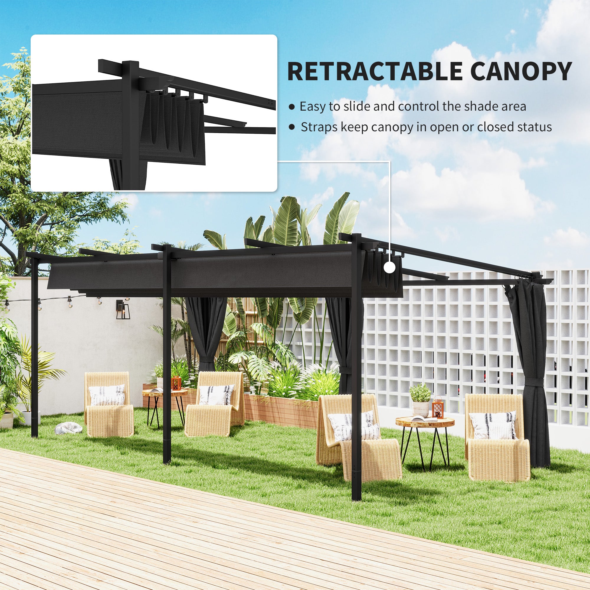 10' x 20' Metal Retractable Pergola Canopy with Sidewalls, Outdoor Gazebo UPF30+ Sun Shade Shelter for Garden, Deck