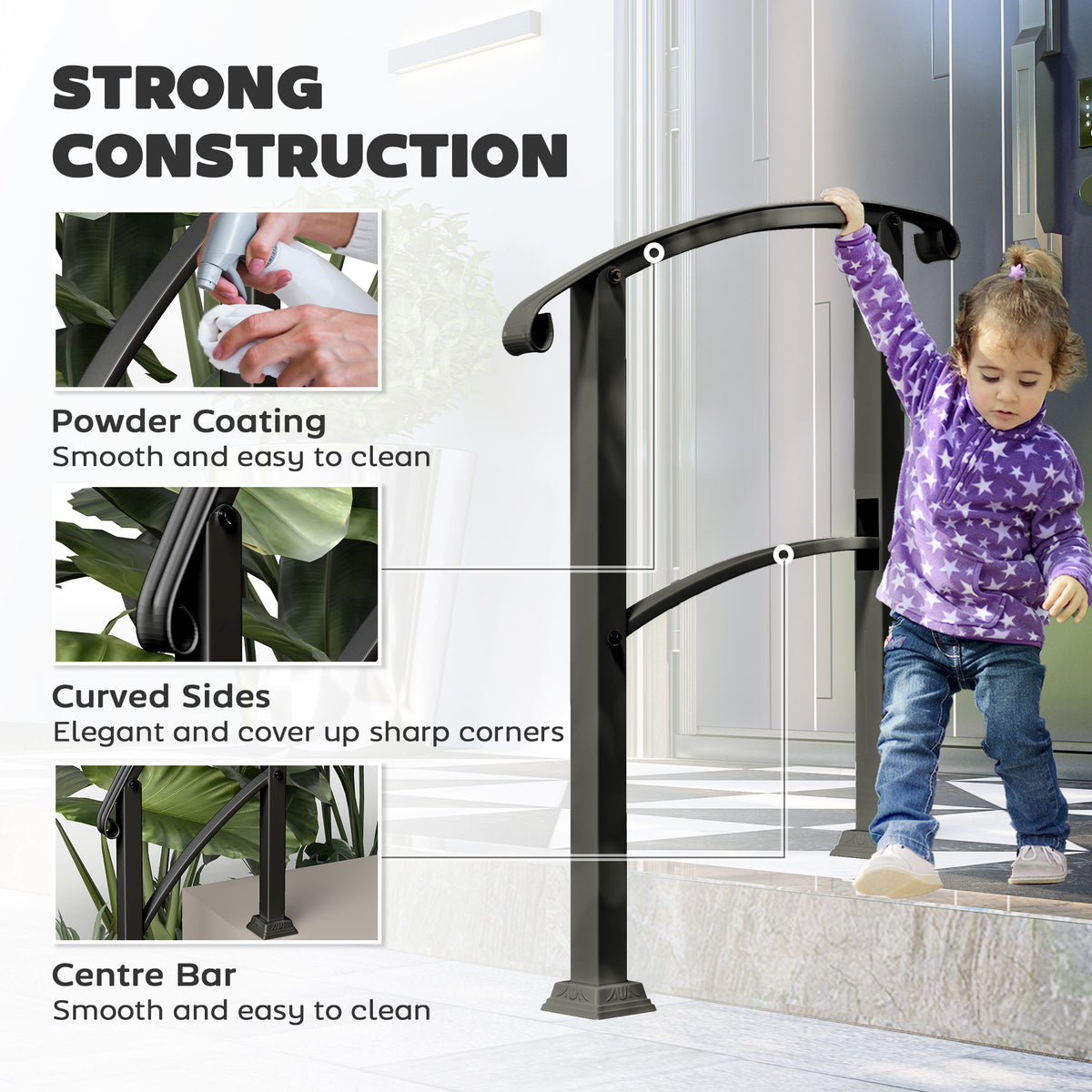 1-3 Step Handrails for Outdoor Steps, Porch Deck Railing, Metal Outdoor Stair Railing with Installation Kit, Black
