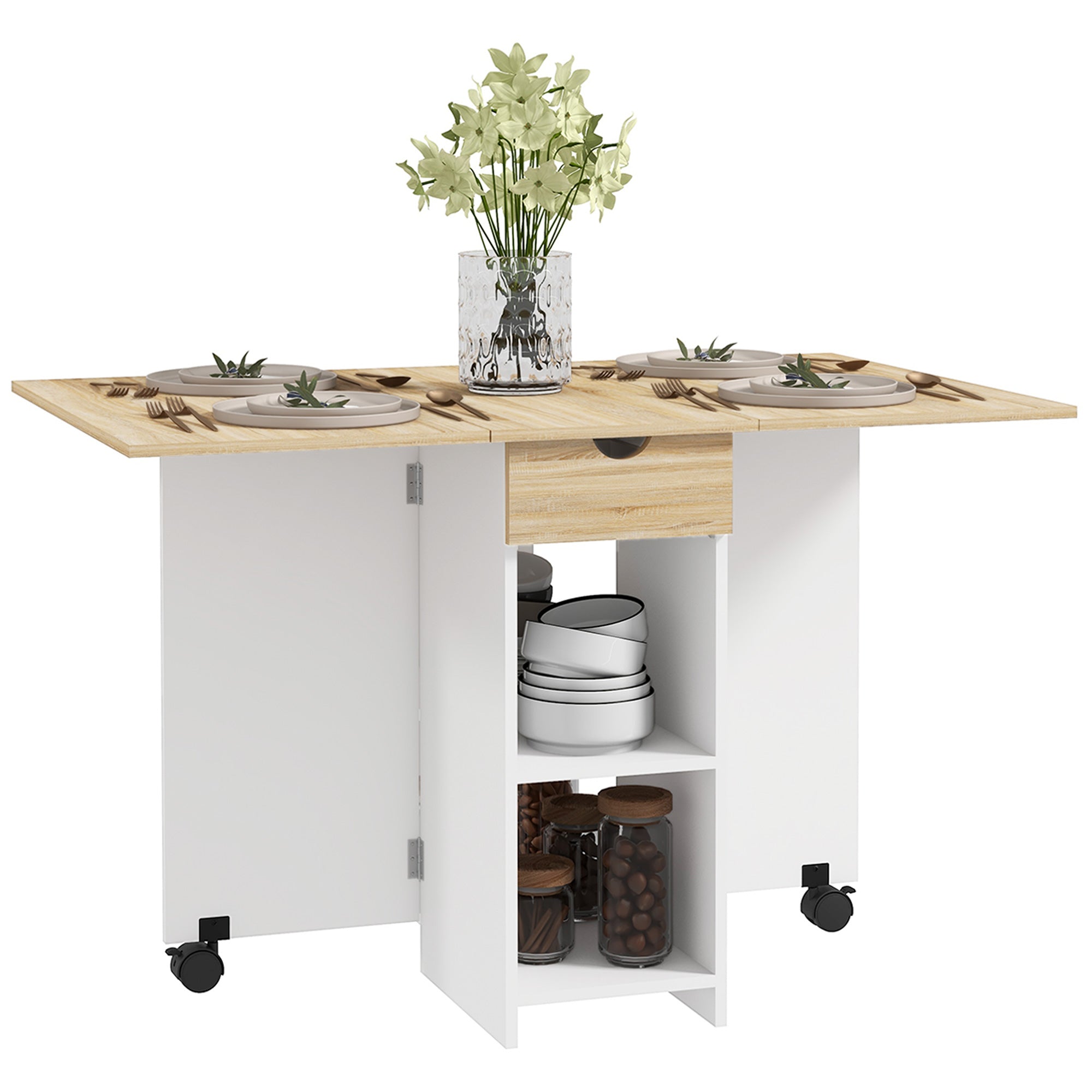 Folding Dining Table, Space Saving Drop Leaf Table with Drawer and Storage Shelves for Kitchen, Dining Room, Oak