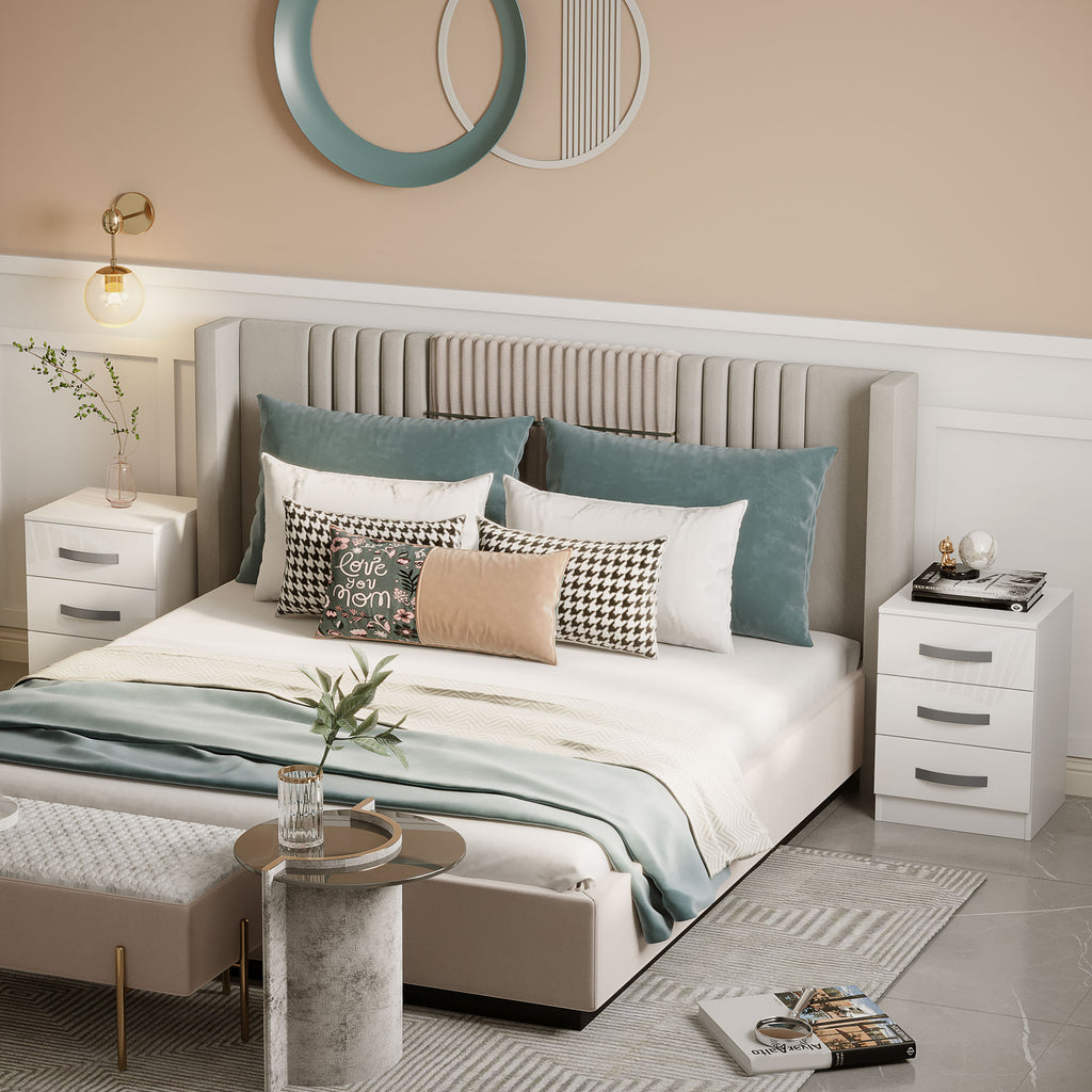 Modern Nightstand Set of 2, Bedside Tables with 3 High Gloss Drawers for Bedroom, White