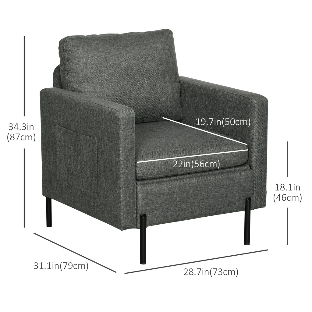 Armchair, Fabric Accent Chair, Modern Living Room Chair with Metal Legs, 2 Side Pockets for Bedroom, Grey