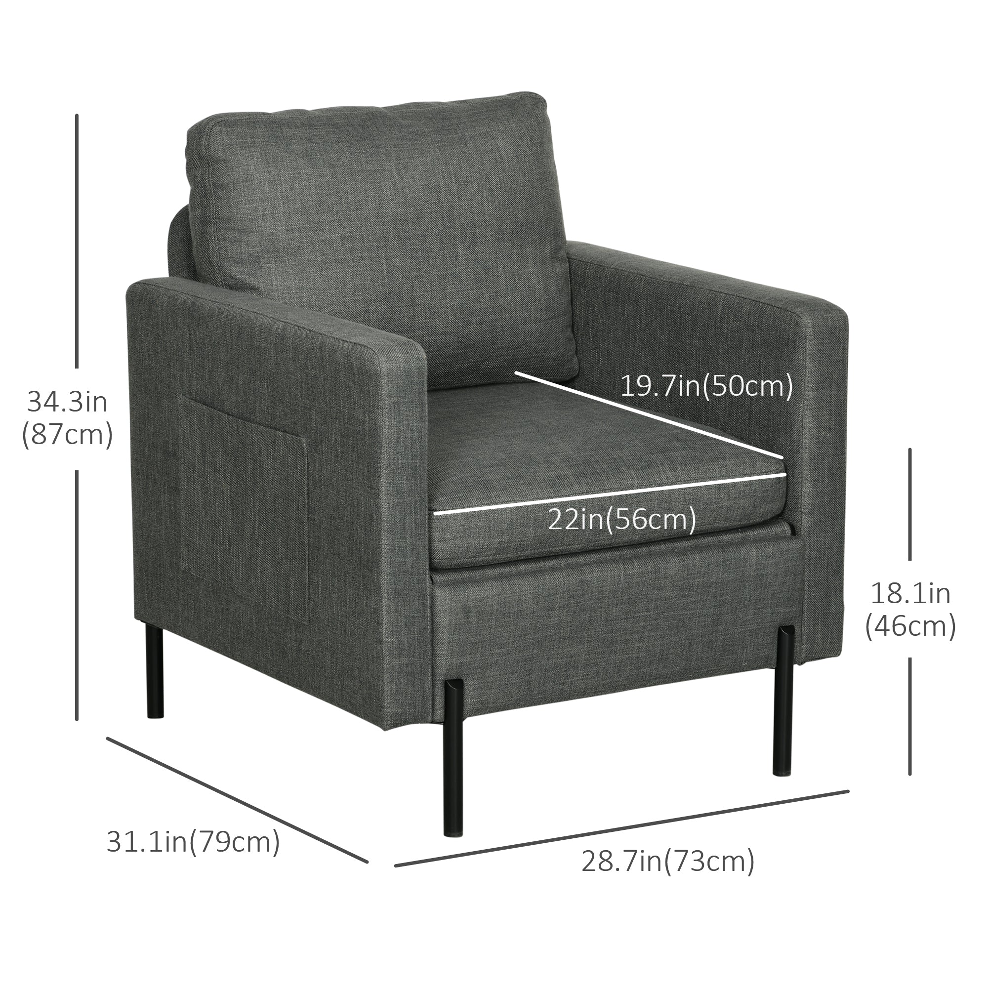 Armchair, Fabric Accent Chair, Modern Living Room Chair with Metal Legs, 2 Side Pockets for Bedroom, Grey