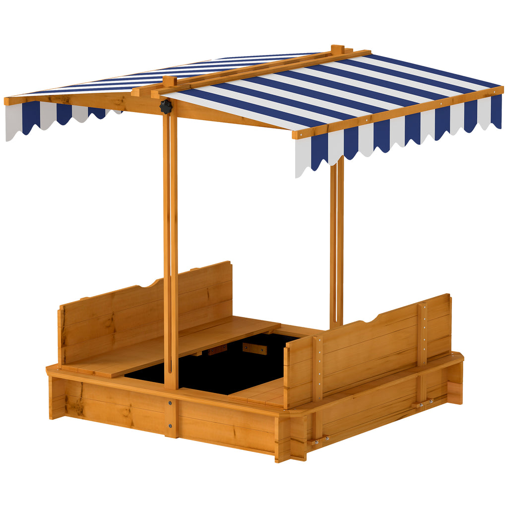 Wooden Kids Sandbox with Cover, Sand Play Station with Foldable Bench Seats and Adjustable Canopy, Red