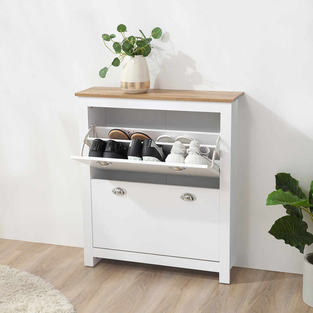 Modern Shoe Cabinet with 2 Flip Drawers and Adjustable Shelves, 12 Pair Shoe Storage Organizer for Hallway, White