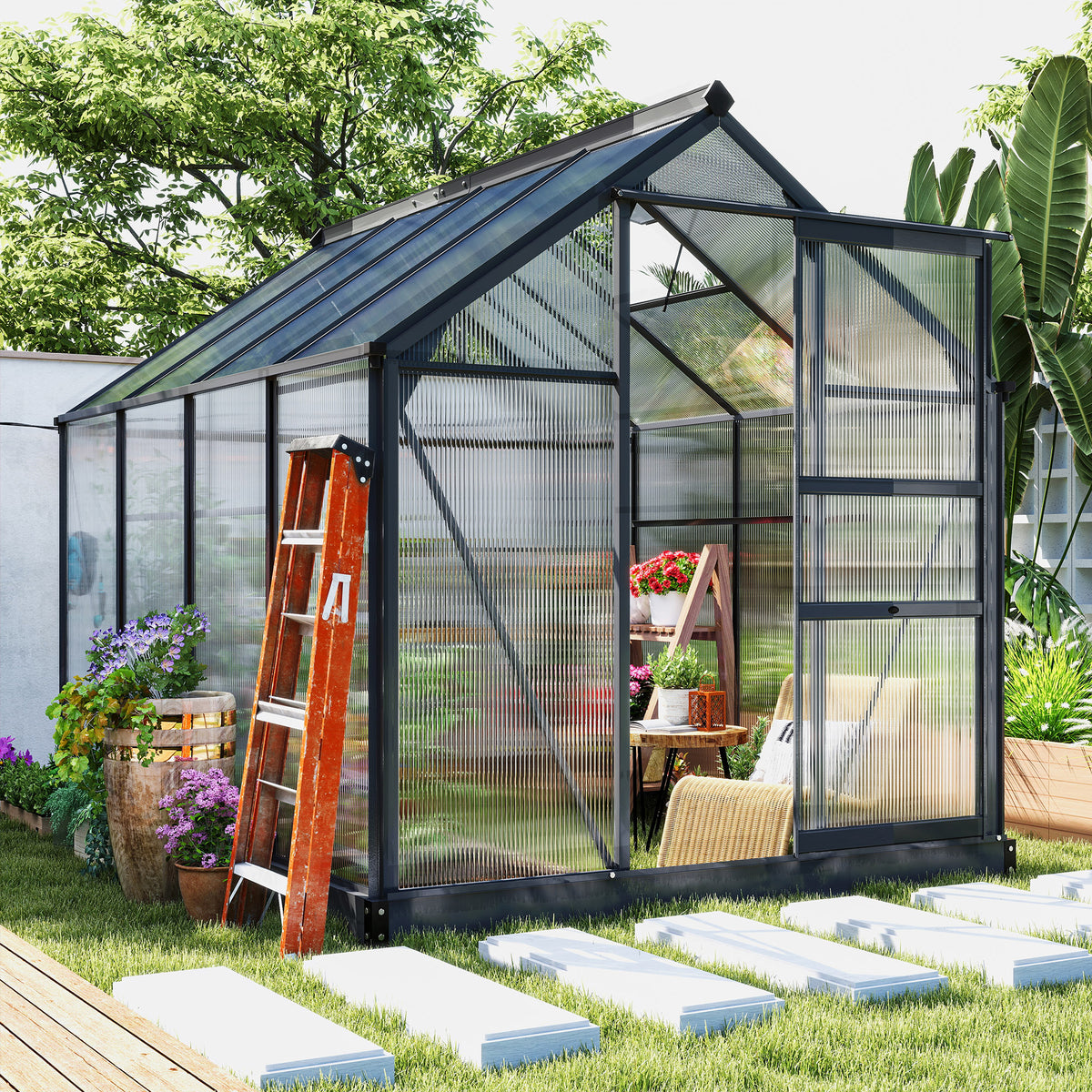 Greenhouse Garden, Green House, Outdoor Greenhouse Kit, PC Board with Sliding Door, 6.2' x 8.3' x 6.6', Grey