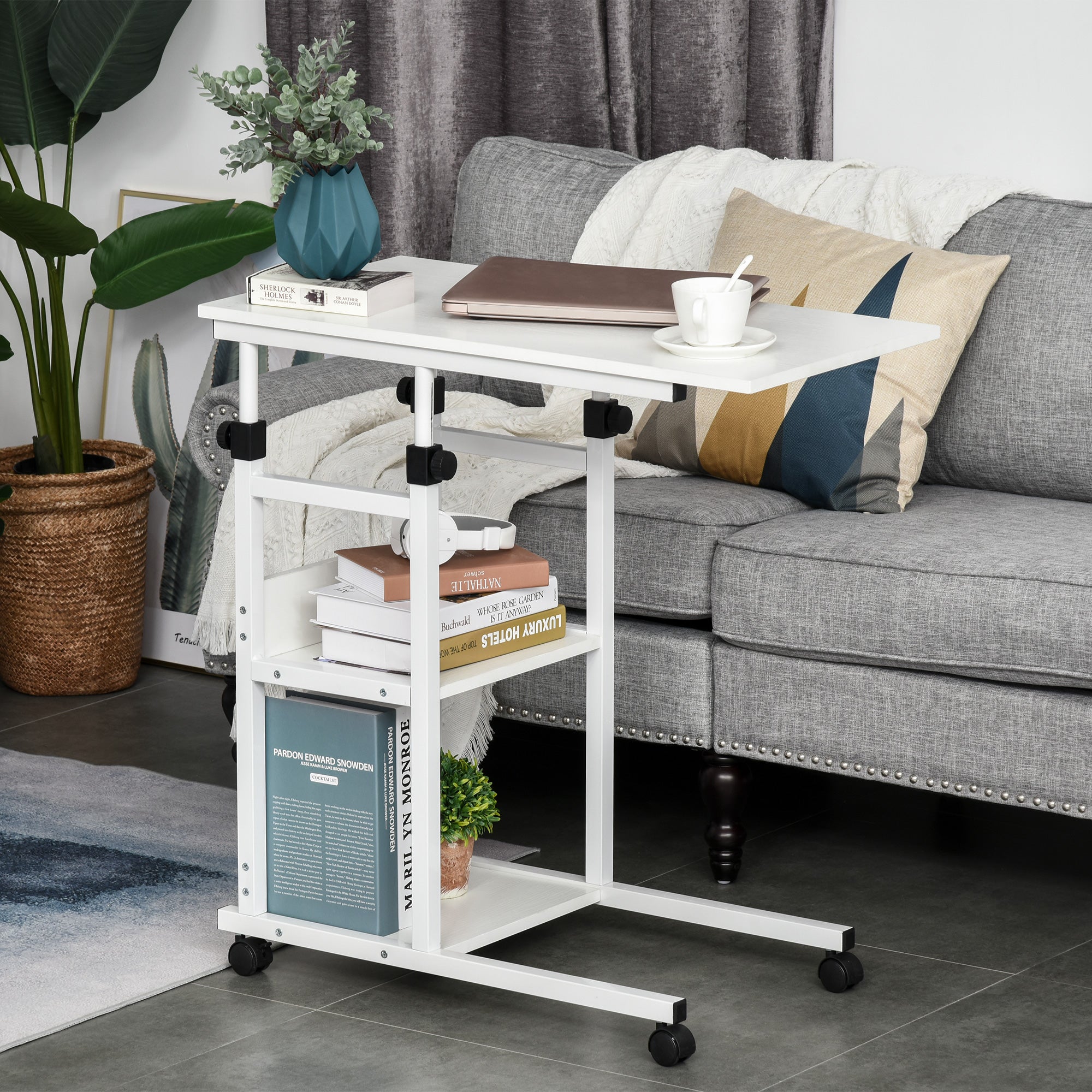 Mobile Standing Desk, Adjustable Height 31.5 inch Stand Up Desk with Wheels for Home Office, White