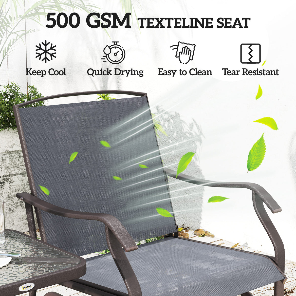 3 Piece Patio Glider Set Outdoor Gliders with Breathable Mesh Seat, Glass Top Table for Garden, Yard, Grey