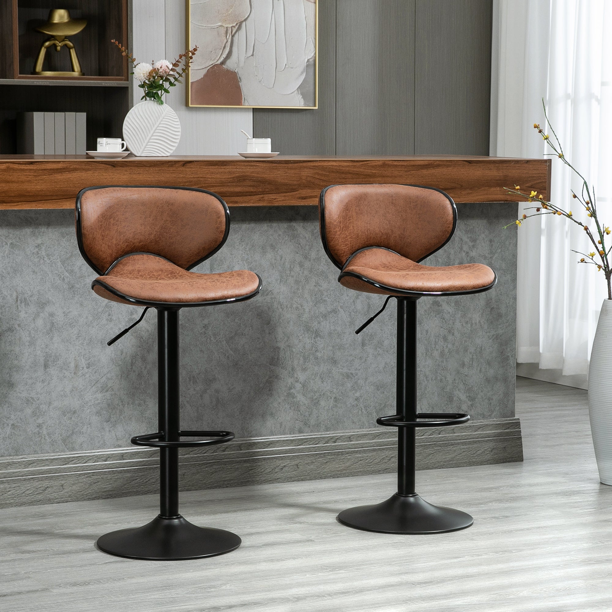 Vintage Set of 2 Microfiber Cloth Adjustable Bar Height Stools with Swivel Seat, Brown