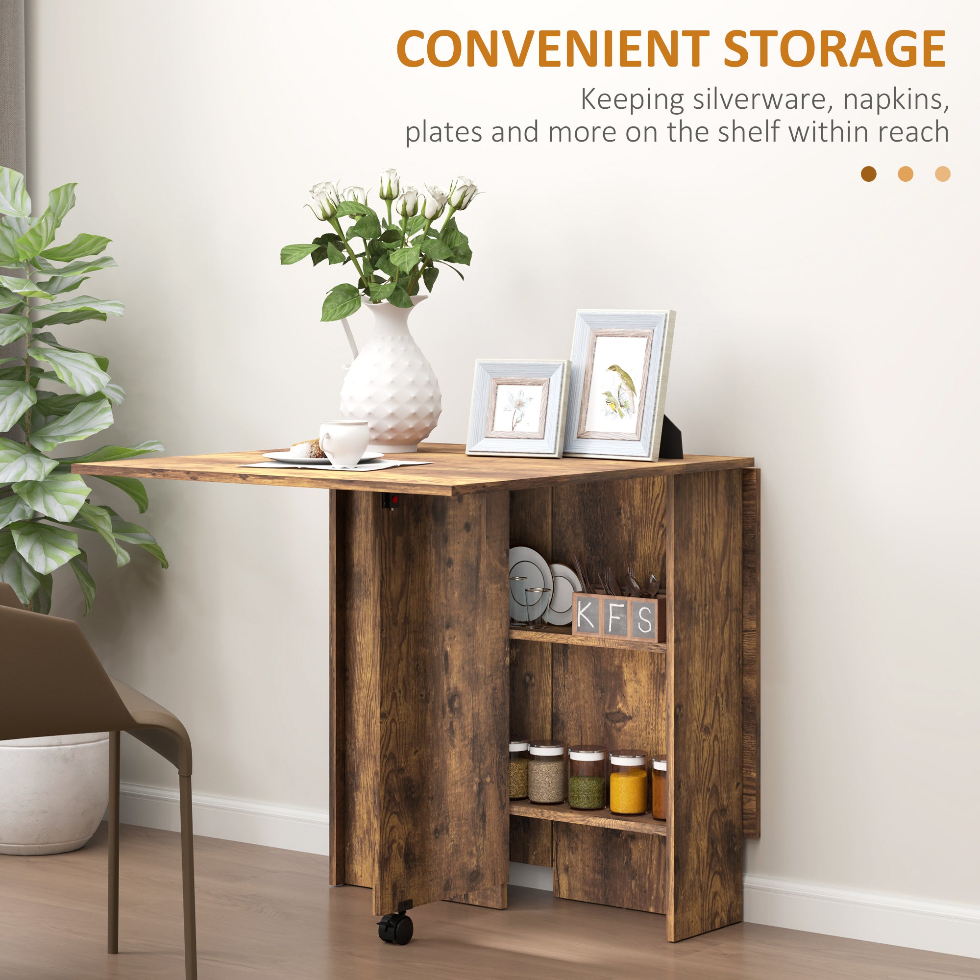 Extendable Dining Table, Collapsible Folding Table w/ 2-tier Shelves and Rolling Casters, Rustic Brown