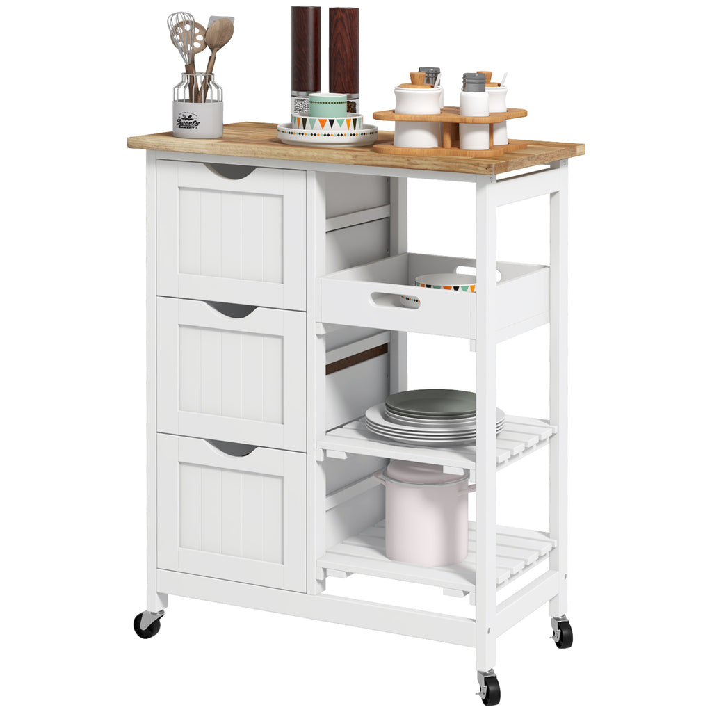 Kitchen Cart on Wheels, Rolling Kitchen Island Cart with Wood Top, 3 Drawers and Shelves for Home Dining Area