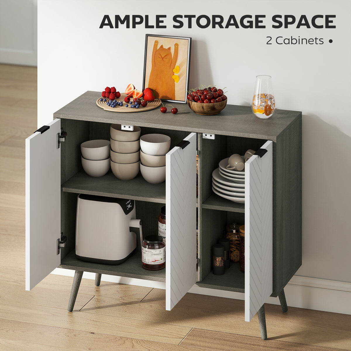 Modern Sideboard and Buffet, Dining Room Cabinet with Adjustable Shelves and 4 Doors, Black