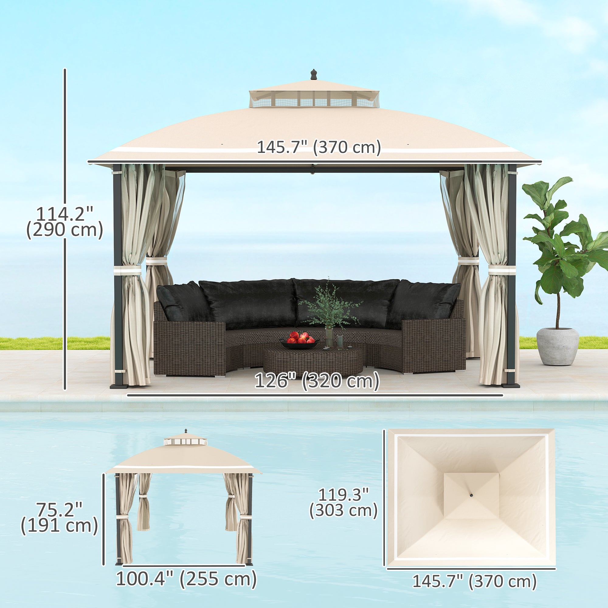 10' x 12' ደጋዊ ጋዜቦ፣ ድርብ ገረብ ፓትዮ ጋዜቦ ካኖፒ ምስ መርበብን መጋረጃታትን ንገነትን ሜዳን ድሕሪ ቤትን ዴክን