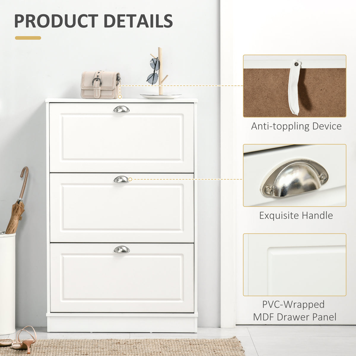 Shoe Cabinet with 3 Flip Drawers, Narrow Shoe Storage Cabinet, Holds 12 Pairs for Entryway, Hallway, White