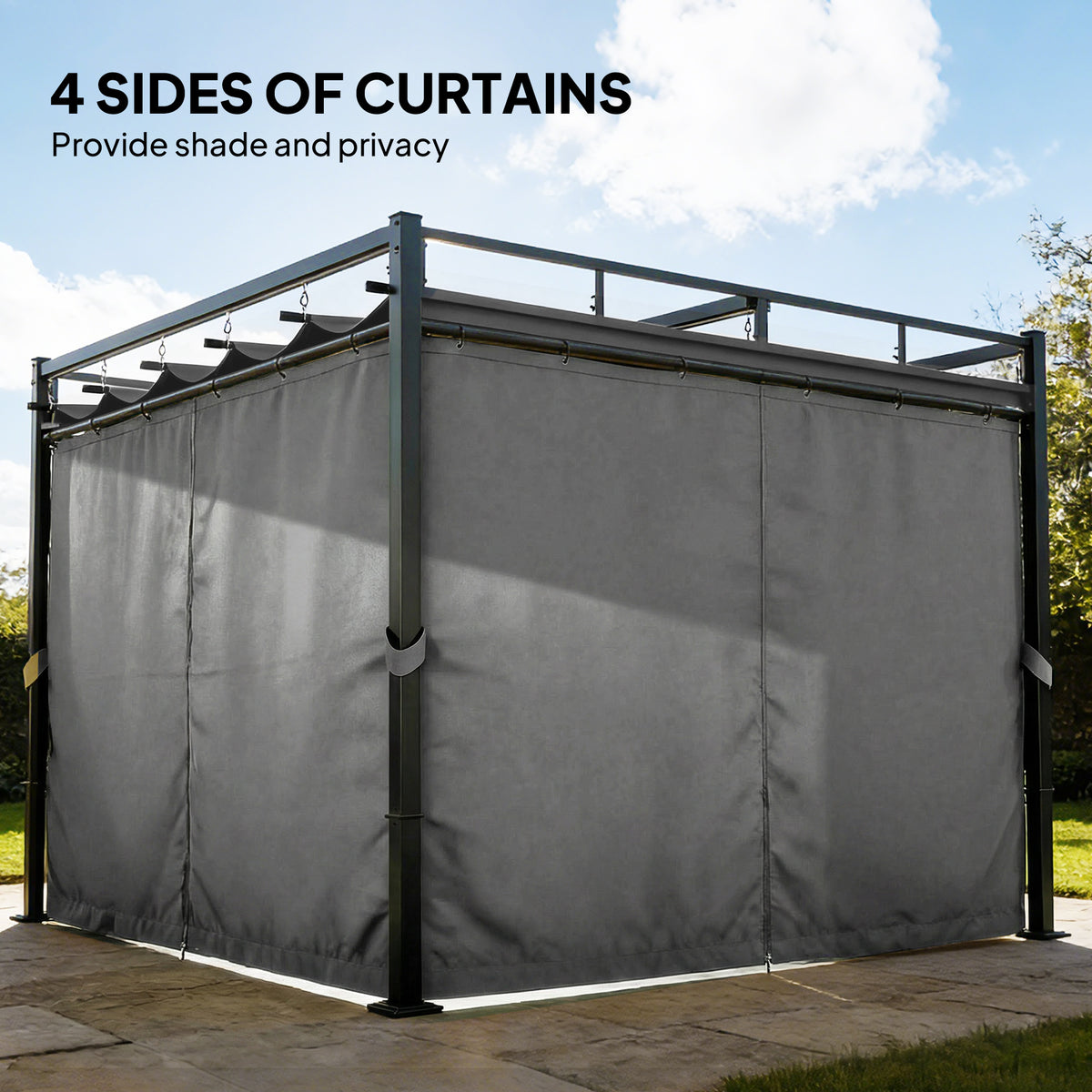 10' x 10' ደገ ጋዜቦ፣ ምስ መጋረጃታት ዝምለስ ፐርጎላ ካኖፒ፣ UPF30+ ብራኽ ዘይብሉ ብረት ፐርጎላ ኪት፣ ጸሊም ግራጫ