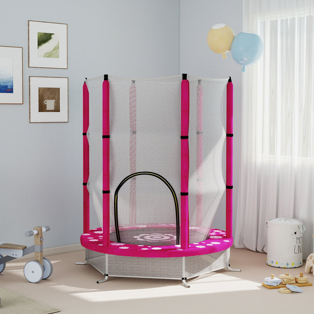 Qaba 55" Toddler Trampoline with Safety Enclosure Net, for Indoor Outdoor Use, Ages 3-6 Years, Pink