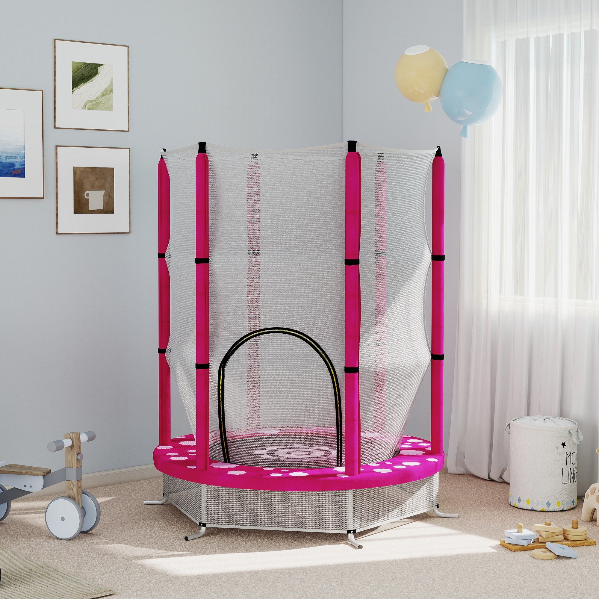Qaba 55" Toddler Trampoline with Safety Enclosure Net, for Indoor Outdoor Use, Ages 3-6 Years, Pink