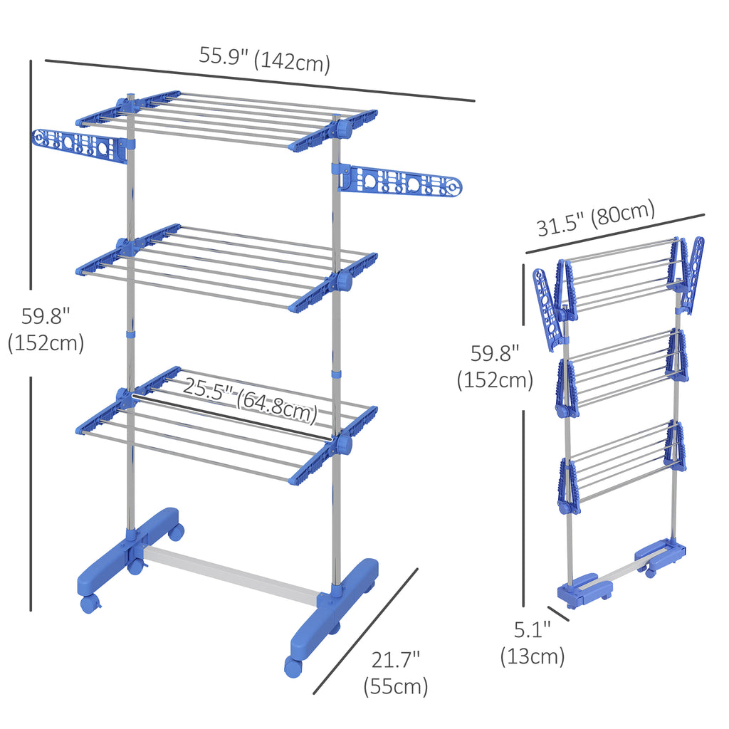 3-Tier Foldable Clothes Drying Rack, Stainless Steel Laundry Rack with 2 Side Wings and 6 Castors, Collapsible Adjustable Clothes Airer for Indoor Outdoor, White