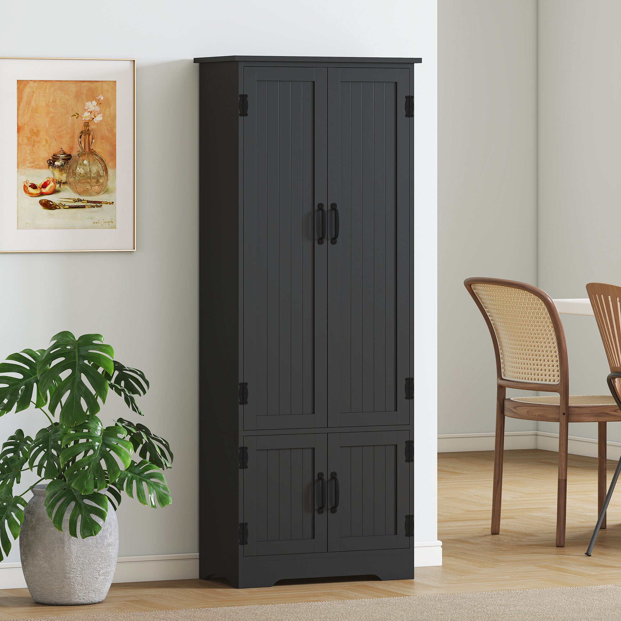 48" 4-Door Storage Cabinet Multi-Storey Large Space Pantry with Adjustable Shelves Black