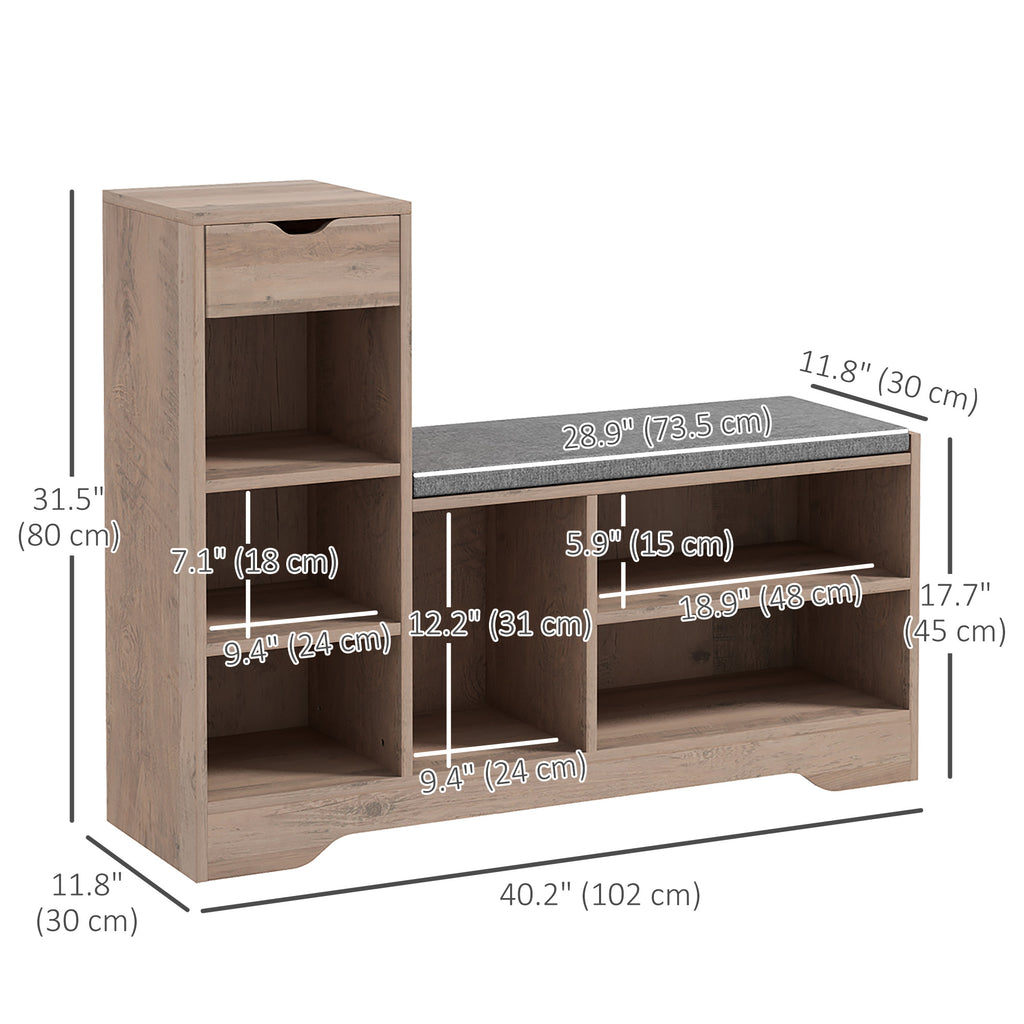Upholstered Shoe Storage Bench w/ Seat, Entrance Bench w/ Drawer and 6 Open Shelves for Hallway, White