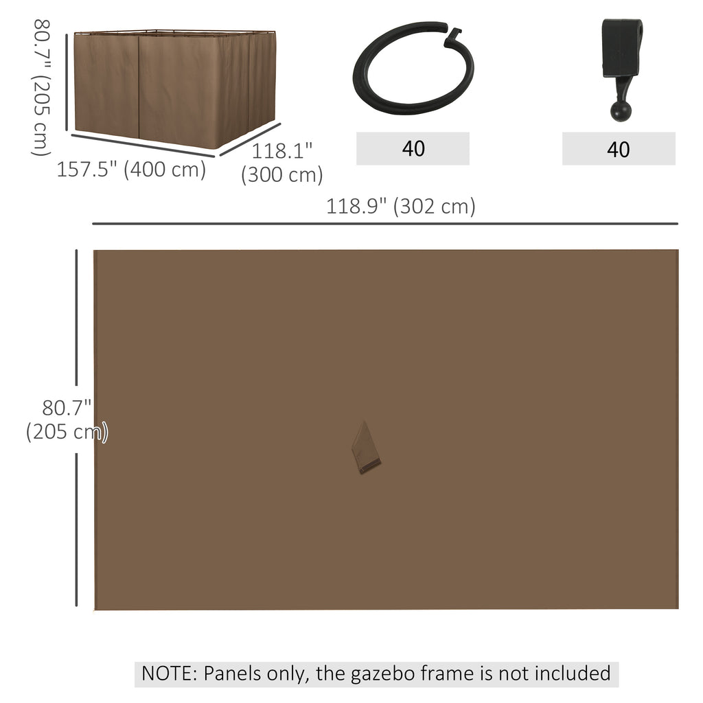 Gazebo Curtains, 10' x 12' Universal Replacement Privacy Curtain, 4-Panels Sidewall with Hooks/C-Rings, Brown