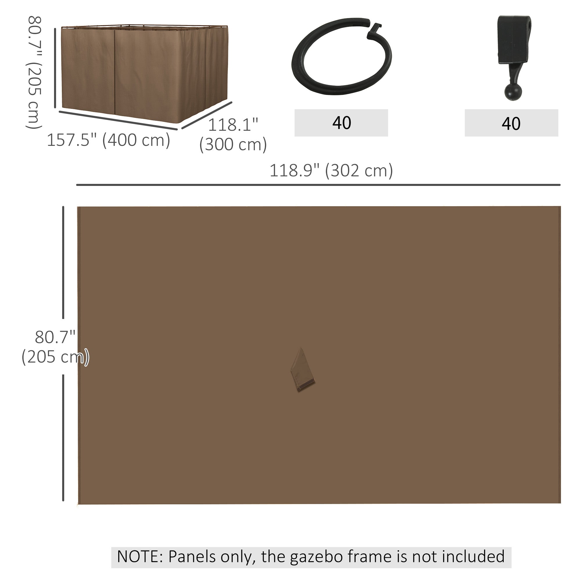 Gazebo Curtains, 10' x 12' Universal Replacement Privacy Curtain, 4-Panels Sidewall with Hooks/C-Rings, Brown