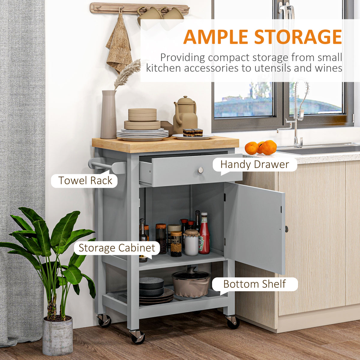 Kitchen Cart on Wheels, Rolling Kitchen Island Cart with Wood Top, Towel Rack, Drawer and Shelf for Dining Area, White