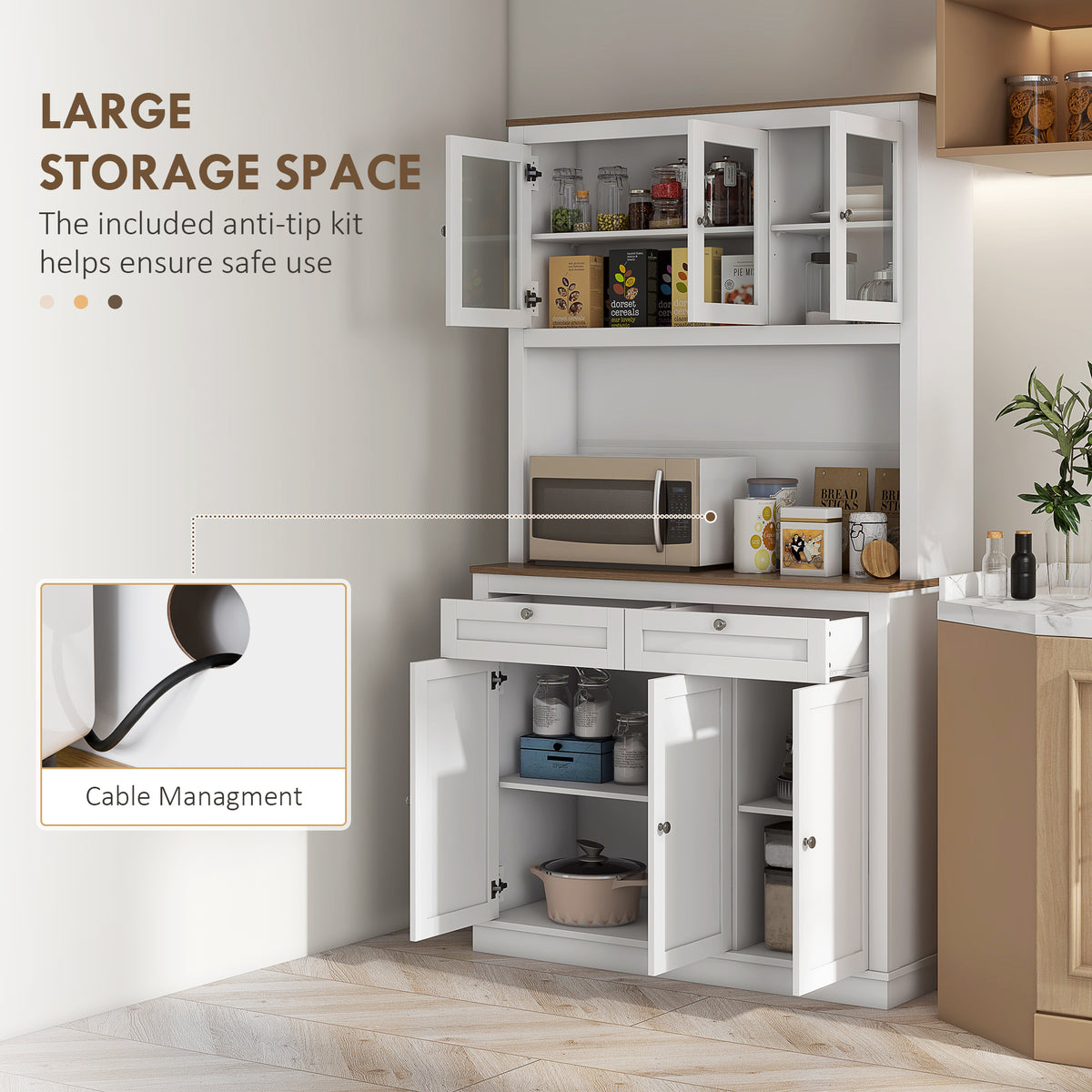71" Pantry Cabinet with Microwave Space, Kitchen Cabinet with Hutch, 2 Drawers, Adjustable Shelves, Glass Doors, White