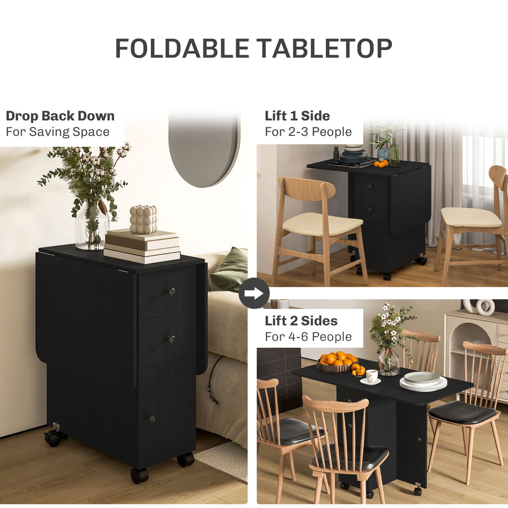 Drop Leaf Dining Table, Mobile Folding Table on Wheels with Drawers and Cabinet for Dining Room, Kitchen, Brown