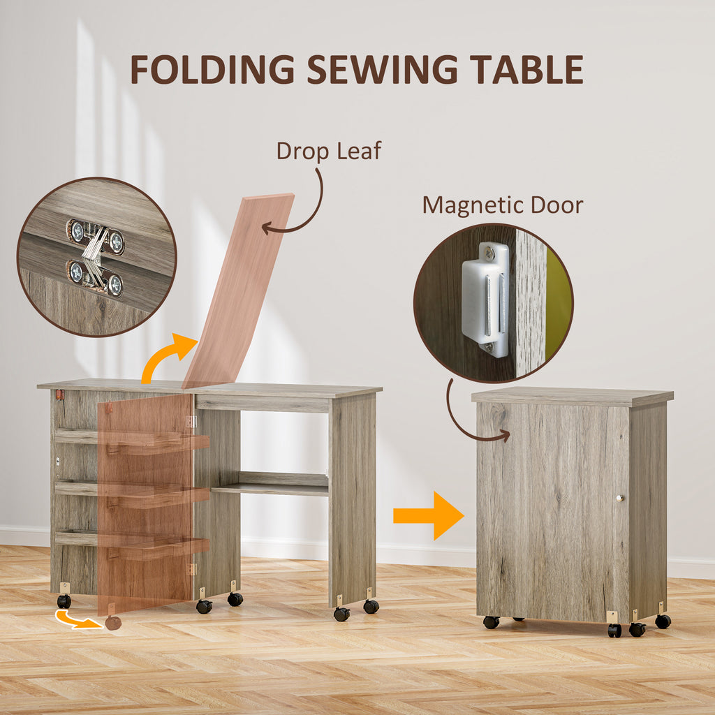 Sewing Machine Cabinet, Folding Sewing Table with Storage Shelf, Bins and Lockable Wheels for Small Space, White