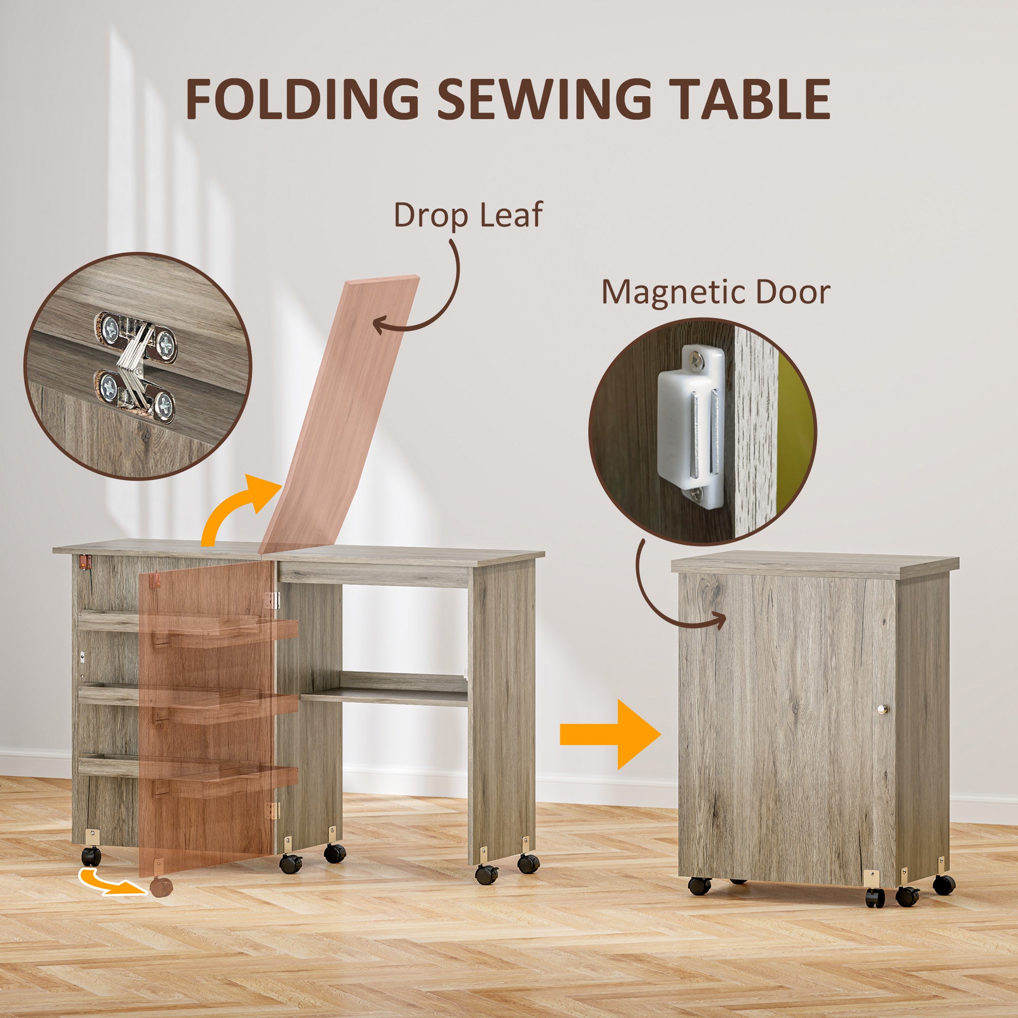 Sewing Machine Cabinet, Folding Sewing Table with Storage Shelf, Bins and Lockable Wheels for Small Space, White