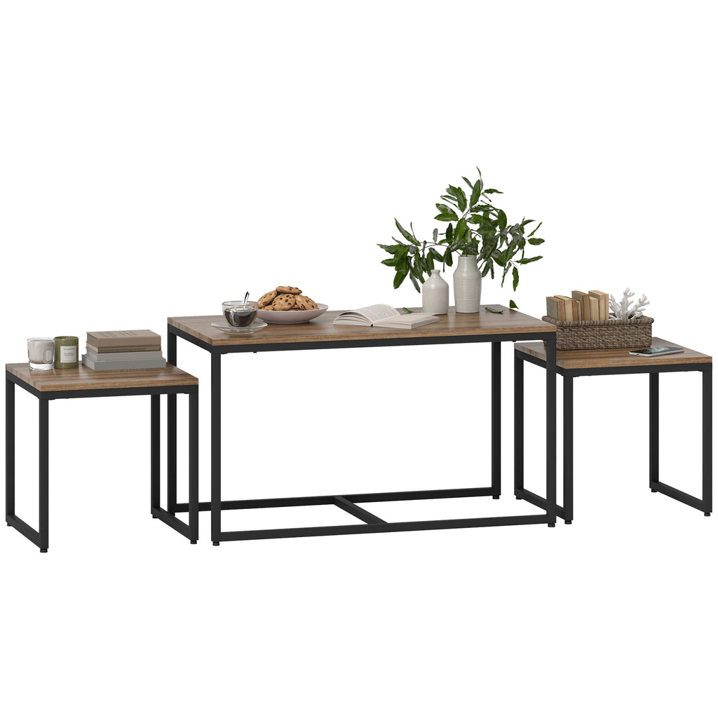 Nesting Coffee Table Set of 3, Modern End Tables with Black Metal Frame for Living Room Home Furniture, Brown