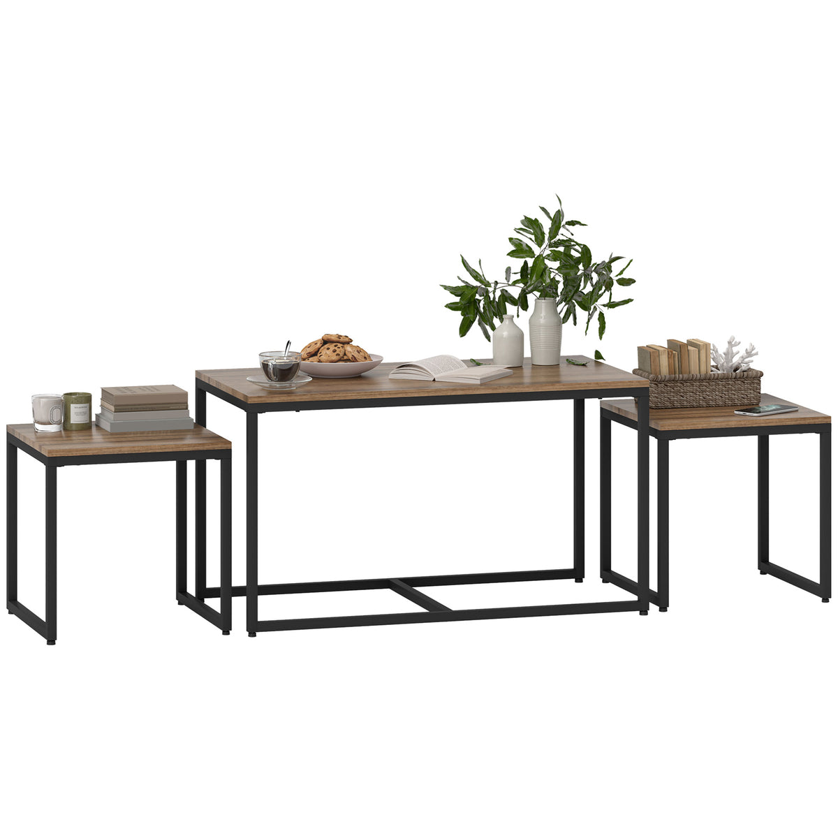 Nesting Coffee Table Set of 3, Modern End Tables with Black Metal Frame for Living Room Home Furniture, Brown