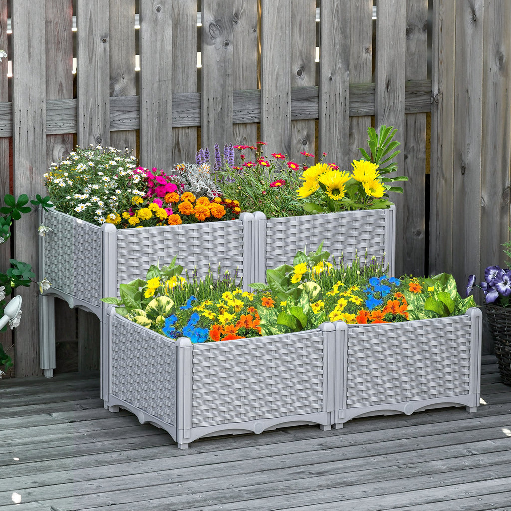 4 Piece Raised Garden Bed PP Raised Flower Bed Vegetable Herb Grow Box Stand Brown