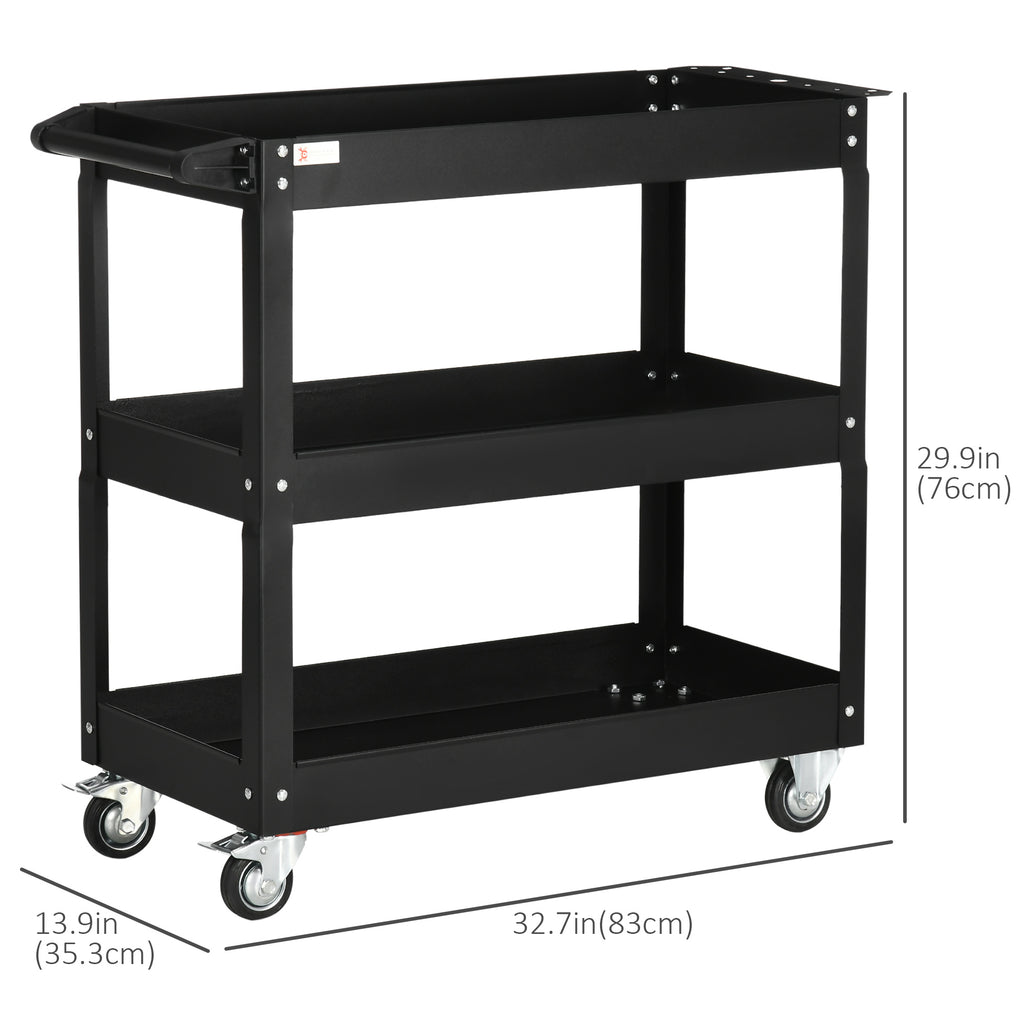 3 Tier Rolling Tool Cart with Wheels, 330 LBS Capacity Heavy Duty Utility Cart, Mobile Service Cart for Garage, Black