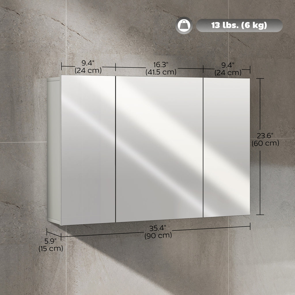 28" x 24" Wall Mounted Mirror Cabinet, Bathroom Medicine Cabinet with Mirror, 3 Doors and Adjustable Shelves, White
