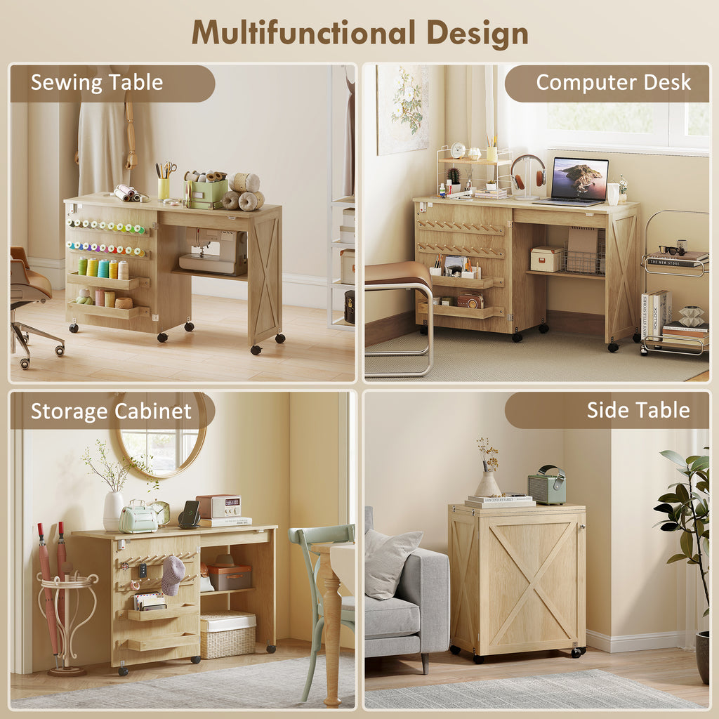 Sewing Machine Table on Wheels, Folding Craft Table with 2 Bins, Storage Shelf, 18 Pegs, Lockable Wheels, Natural