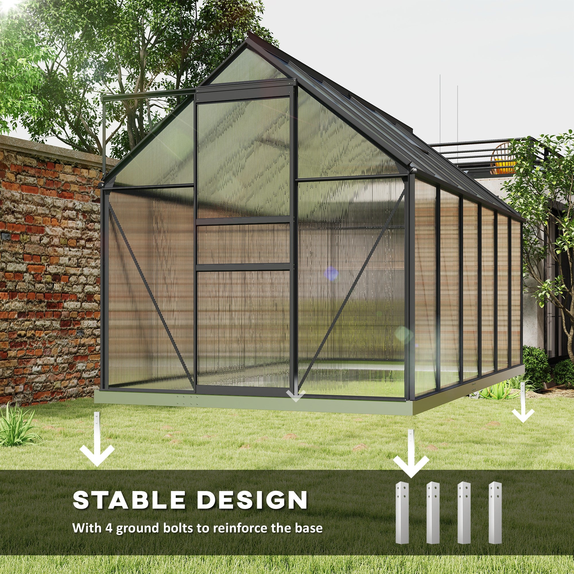 6' x 12' x 6.5' ፖሊካርቦኔት ግሪንሃውስ፣ ብሓደ እተስተካከለ ናይ ጣሪያ መንፈስ መውጫ ዘለዎ ናይ መግቢ ግሪንሃውስ፣ ጋልቫናይዝድ መሰረት፣ ተንሸራታች ማዕጾ፣ ናይ ዝናብ ማይ መውሓጺ ንደገ ኣትክልቲን ድሕረ ቤትን፣ ቀላል ግራጫ