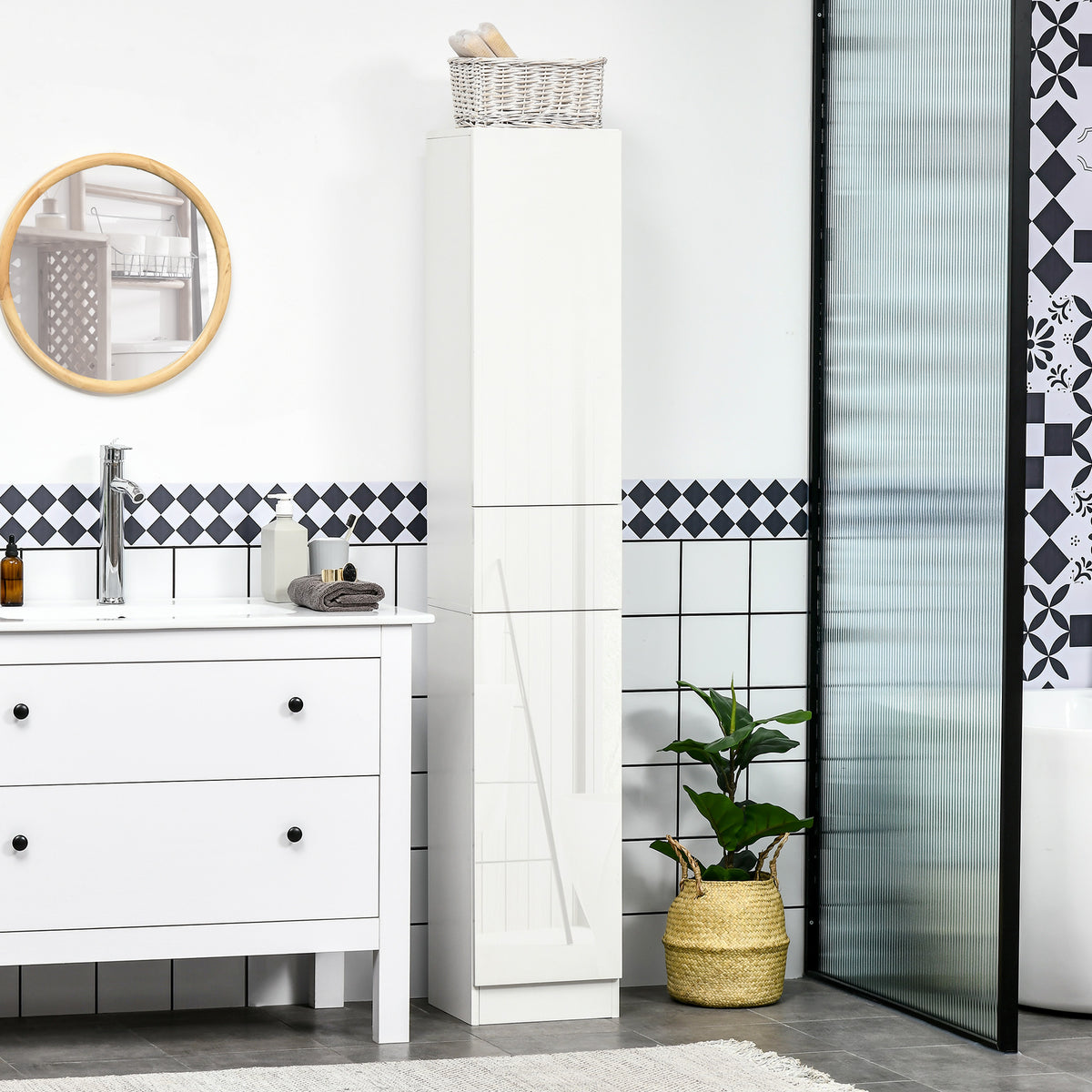 Tall Bathroom Cabinet, Narrow Bathroom Storage Cabinet with Doors, Drawer and Adjustable Shelves, High Gloss White