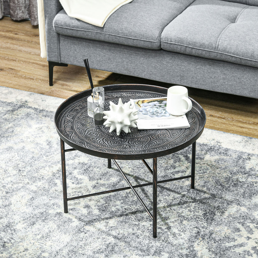 Vintage Coffee Table for Living Room, 24" Round Center Table with Hammered Tray Top and Metal Frame, Pewter